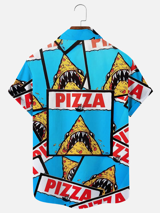 Men's Jaws Pizza Graphic Print Hawaiian Short Sleeve Shirt