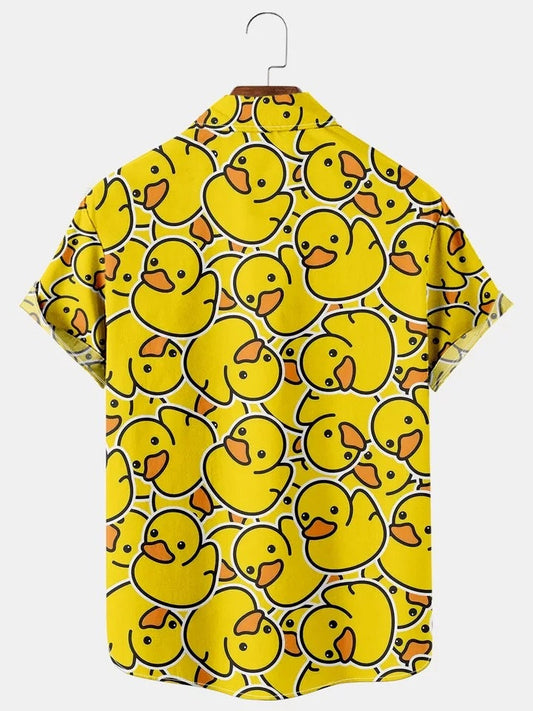 Men's Cartoon Yellow Duck Print Hawaiian Short Sleeve Shirt