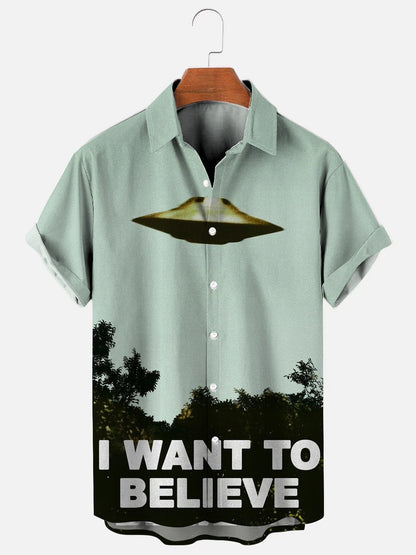 I Want to Believe in UFO Aliens Vintage Poster Print Hawaiian Short Sleeve Shirt