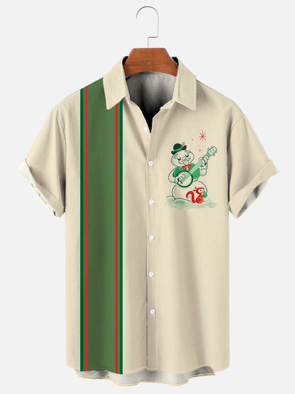 Men's Retro Christmas Cartoon Snowman Print Bowling Shirt