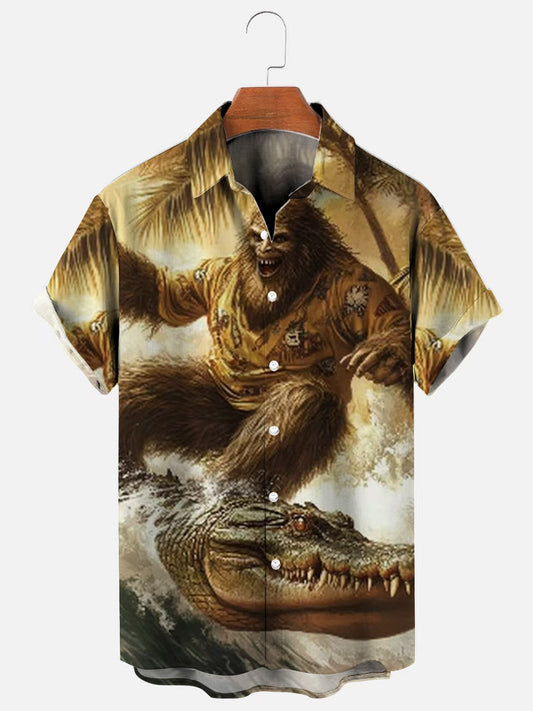 Men's Bigfoot Alligator Surf Print Hawaiian Breathable Short Sleeve Shirt