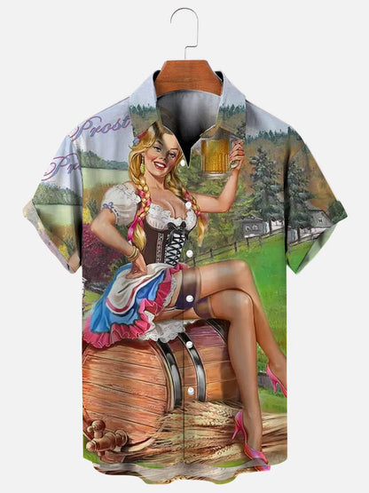 Men's Vintage Beer Girl Print Hawaiian Short Sleeve Shirt