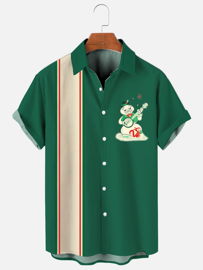 Men's Vintage Christmas Snowman Print Bowling Shirt