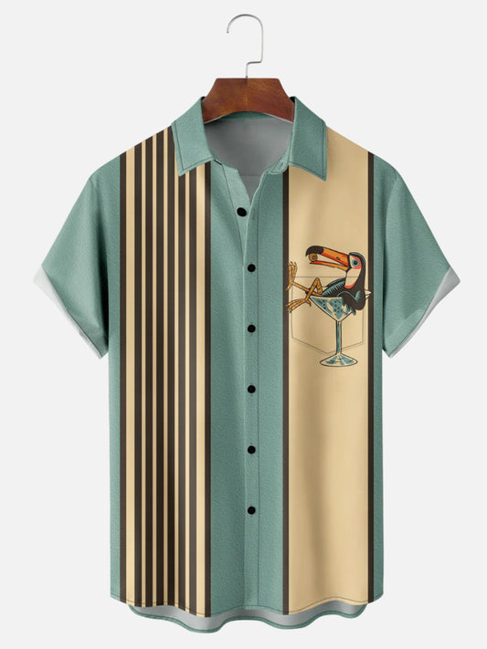 Men's Toucan Cocktail Glass Vintage Striped Print Bowling Shirt