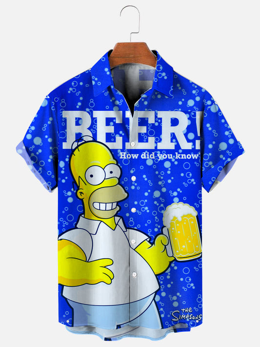 Men's Retro Cartoon Character Beer Print Hawaiian Short Sleeve Shirt