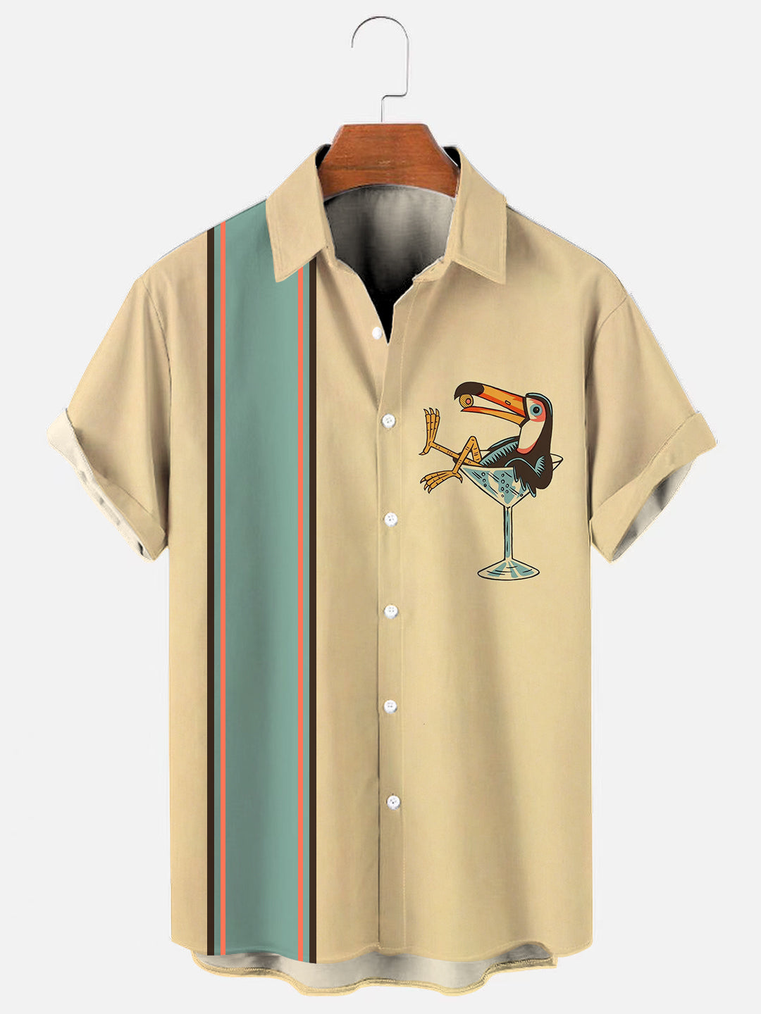 Men's Vintage Toucan Cocktail Glass Print Bowling Shirt