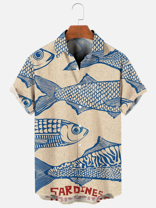 Men's Retro Sardines Pattern Print Breathable Casual Short Sleeve Shirt