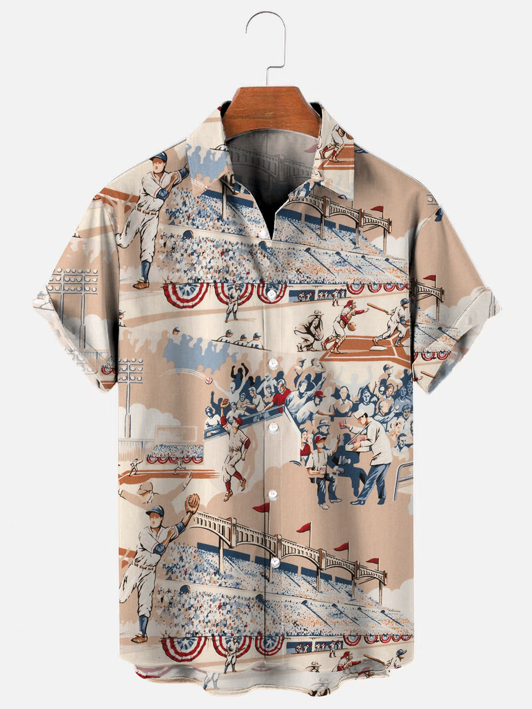 Men's Vintage Baseball Print Hawaiian Short Sleeve Shirt