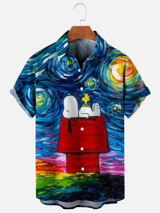 Men's Retro Starry Night Cartoon Print Hawaiian Short Sleeve Shirt