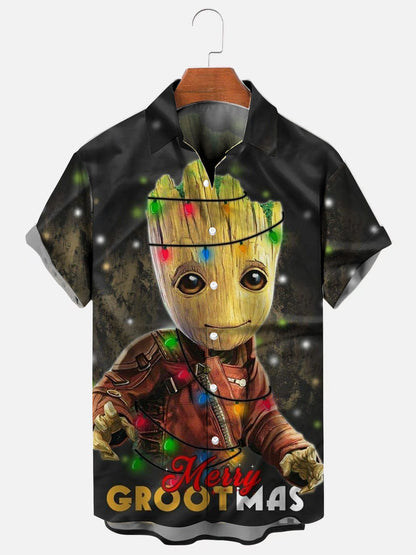 Men's Christmas Cartoon Character Print Holiday Casual Short Sleeve Shirt