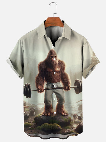 Men's Weightlifting Bigfoot Print Hawaiian Short Sleeve Shirt