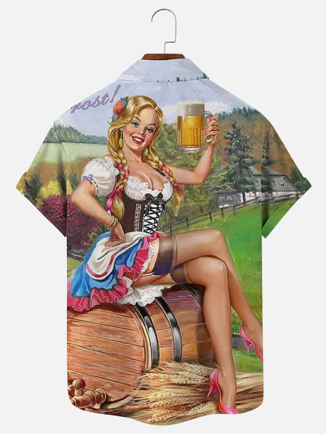 Men's Vintage Beer Girl Print Hawaiian Short Sleeve Shirt