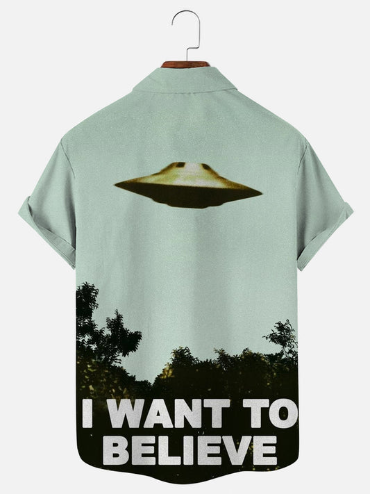 I Want to Believe in UFO Aliens Vintage Poster Print Hawaiian Short Sleeve Shirt