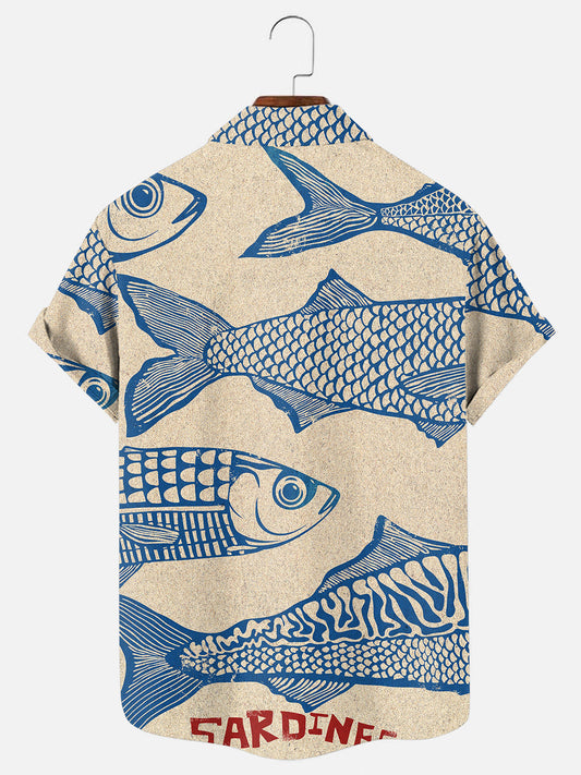 Men's Retro Sardines Pattern Print Breathable Casual Short Sleeve Shirt