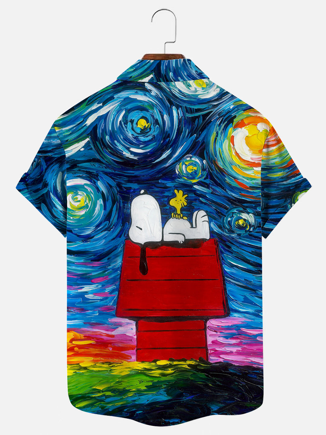 Men's Retro Starry Night Cartoon Print Hawaiian Short Sleeve Shirt