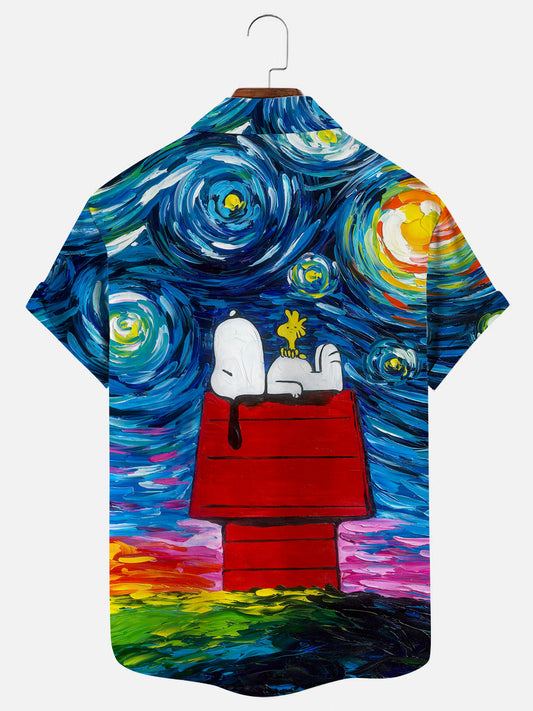 Men's Retro Starry Night Cartoon Print Hawaiian Short Sleeve Shirt