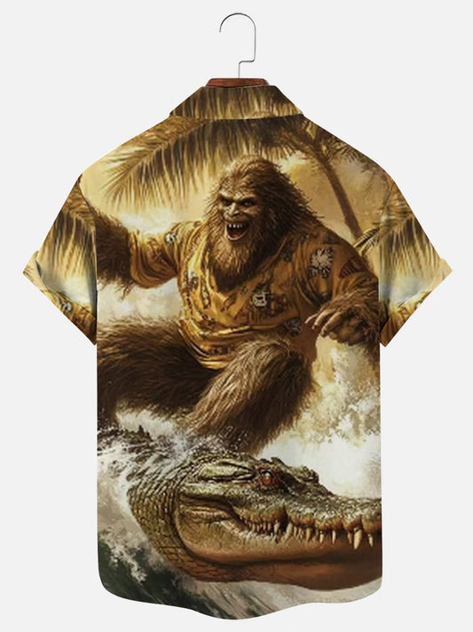 Men's Bigfoot Alligator Surf Print Hawaiian Breathable Short Sleeve Shirt