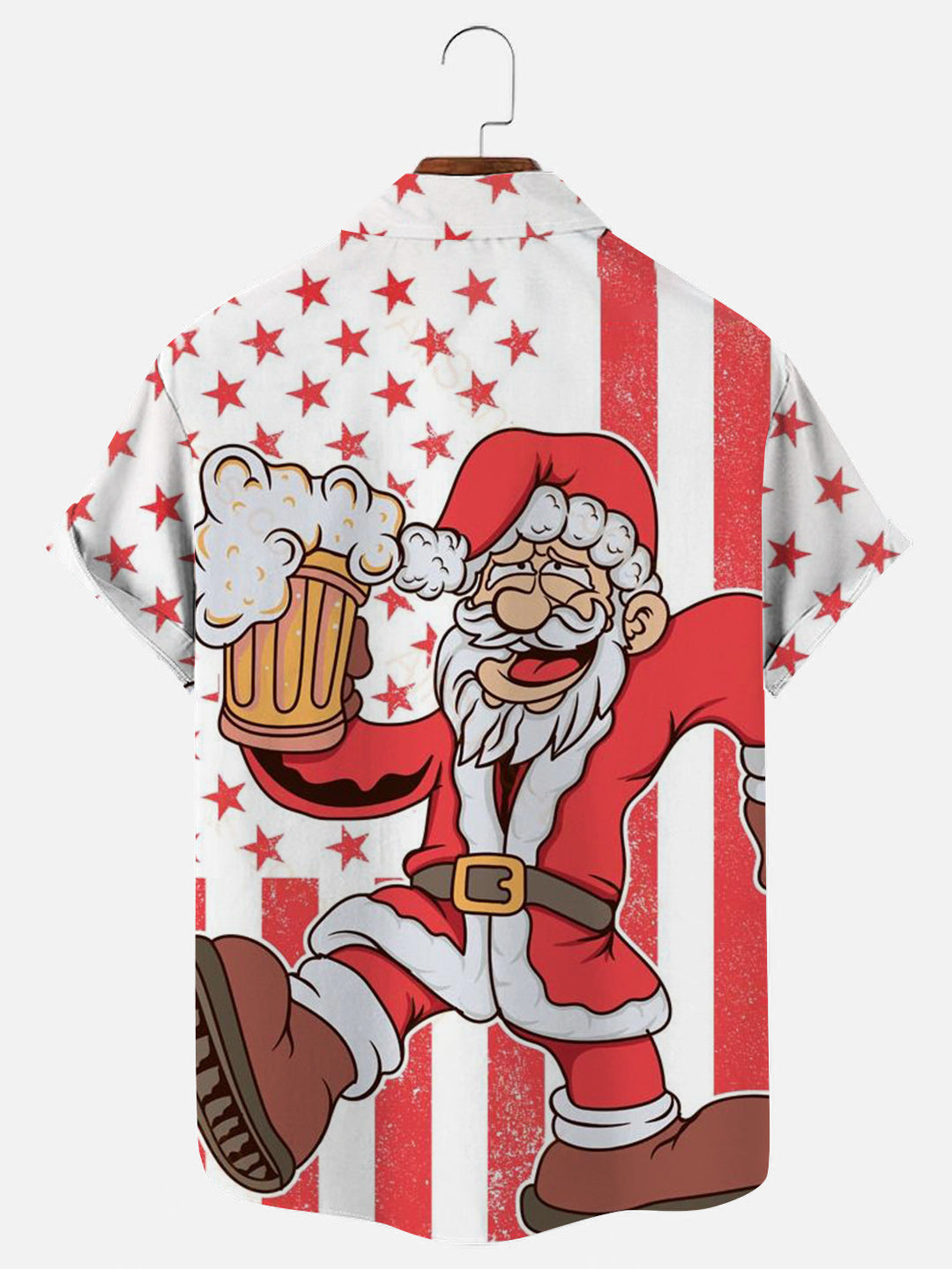 Men's Santa Drinks Beer Red American Flag Print Holiday Short Sleeve Shirt