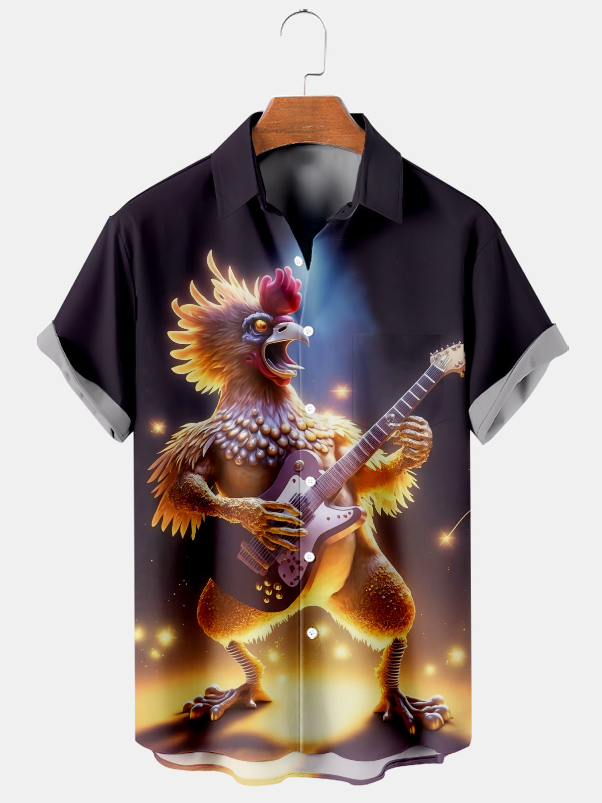 Men's Hawaiian Cool Chicken Play Guitar Print Short Sleeve Shirt