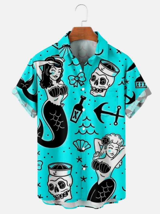 Men's Mermaid Skull Print Hawaiian Casual Short Sleeve Shirt