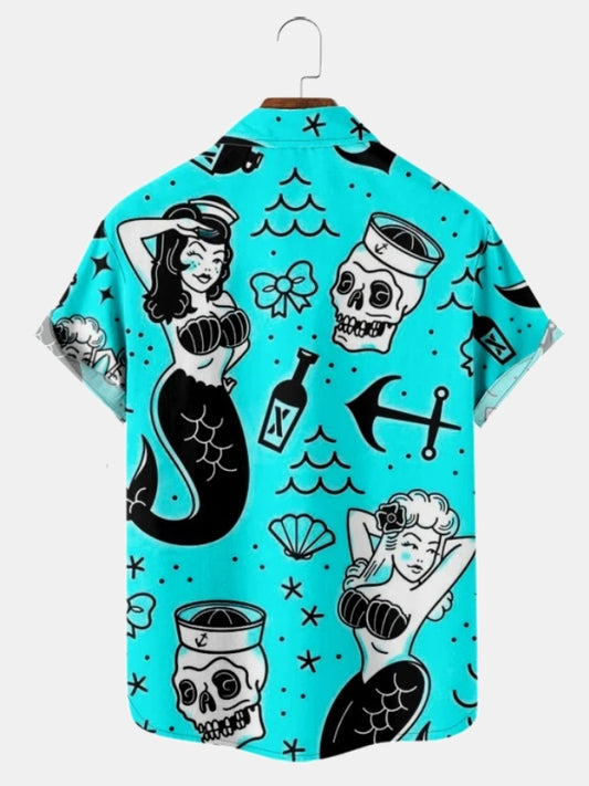 Men's Mermaid Skull Print Hawaiian Casual Short Sleeve Shirt