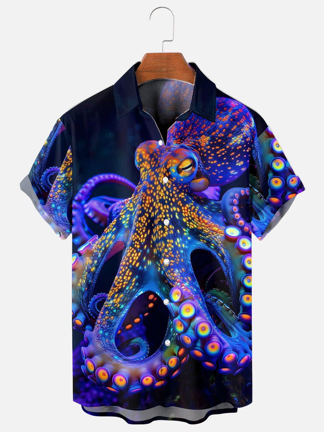 Men's Neon Octopus Print Hawaiian Short Sleeve Shirt