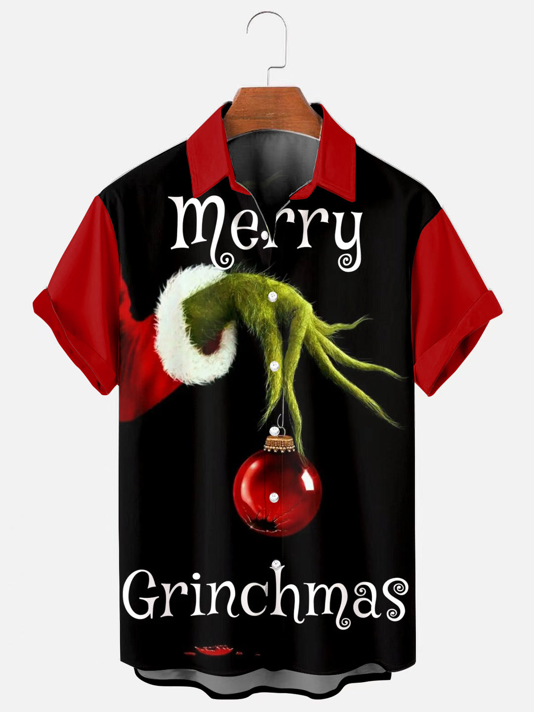 Men's Christmas Grinch Naughty Green Hand Print Holiday Short Sleeve Shirt