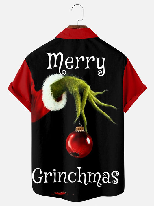 Men's Christmas Grinch Naughty Green Hand Print Holiday Short Sleeve Shirt