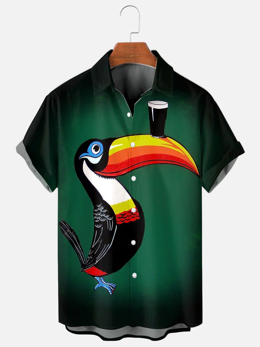 Men's Retro Cartoon Toucan Beer Print Hawaiian Short Sleeve Shirt