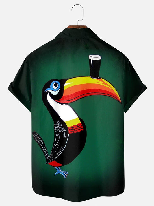 Men's Retro Cartoon Toucan Beer Print Hawaiian Short Sleeve Shirt