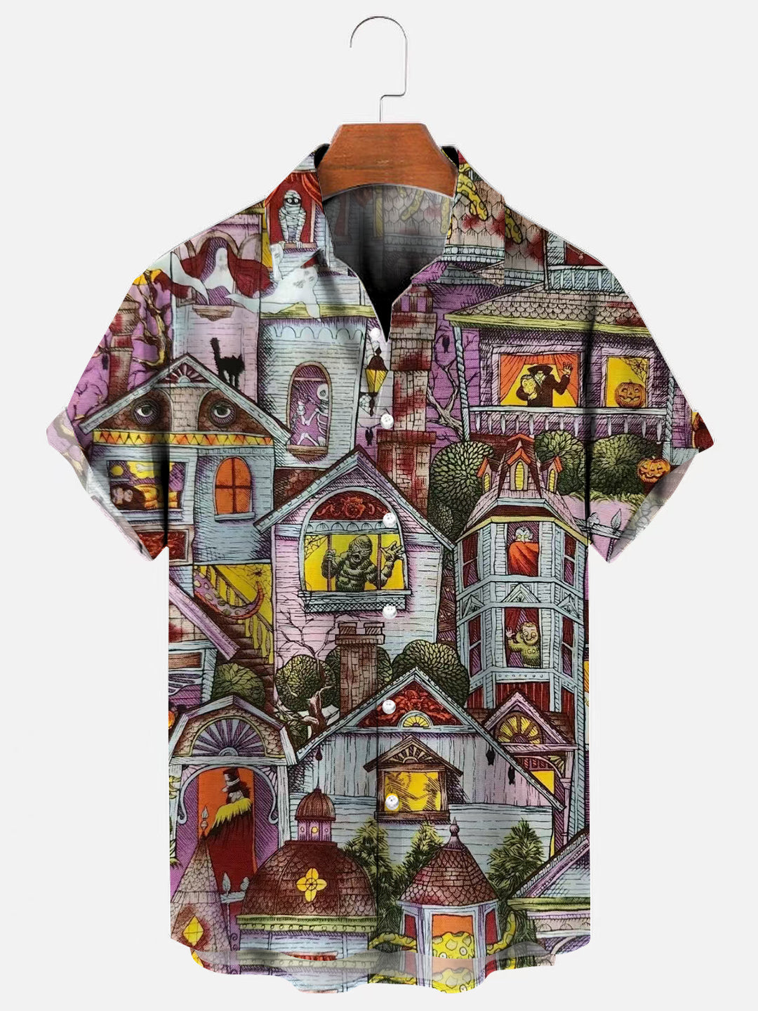 Men's Halloween Haunted House Print Hawaiian Short Sleeve Shirt