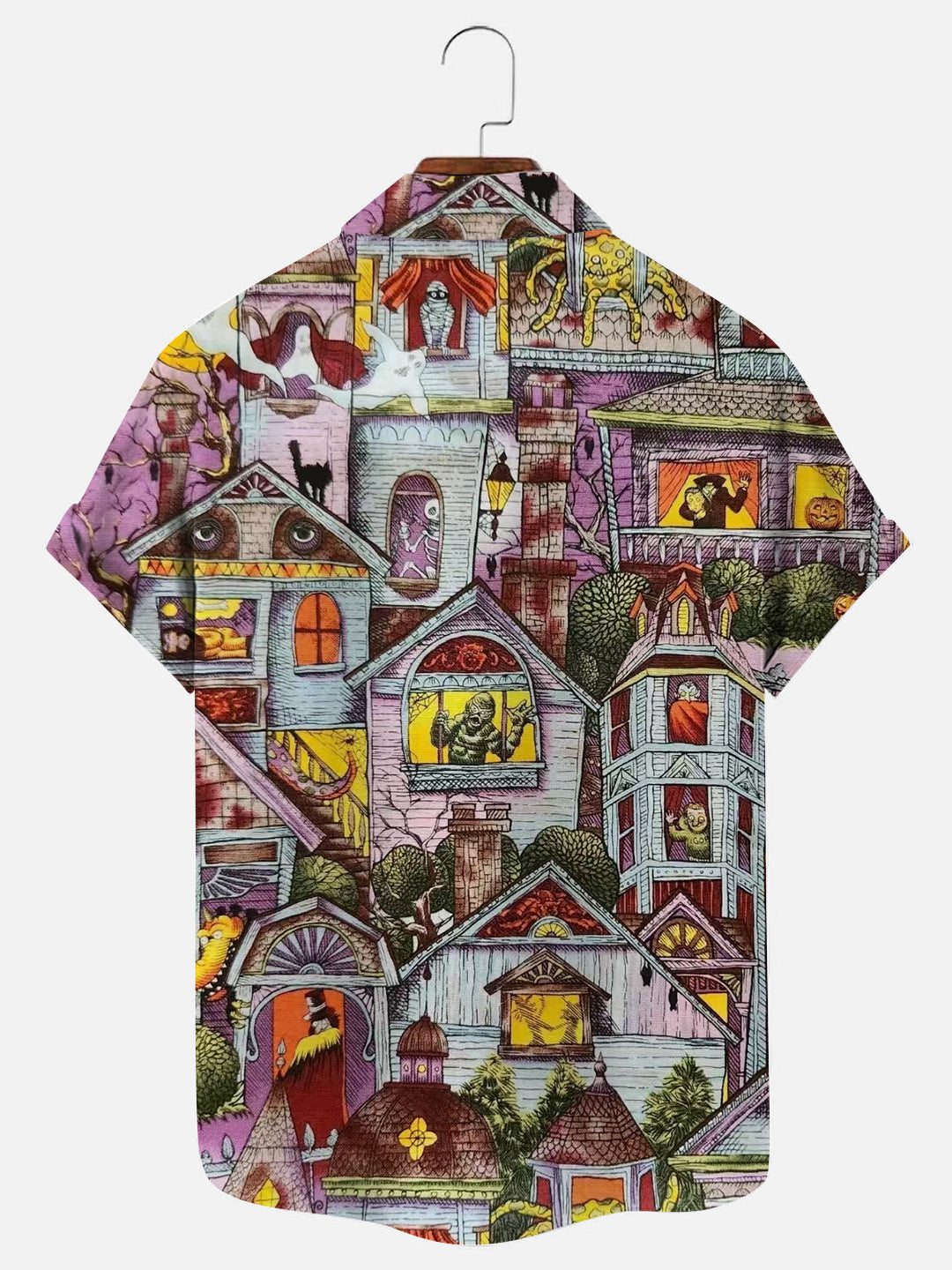 Men's Halloween Haunted House Print Hawaiian Short Sleeve Shirt