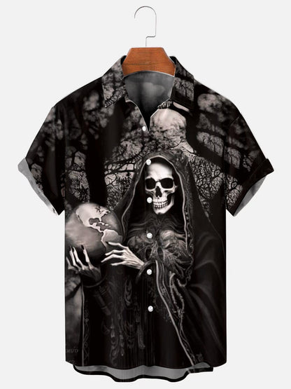 Men's Black Gauze Skull Print Hawaiian Short Sleeve Shirt