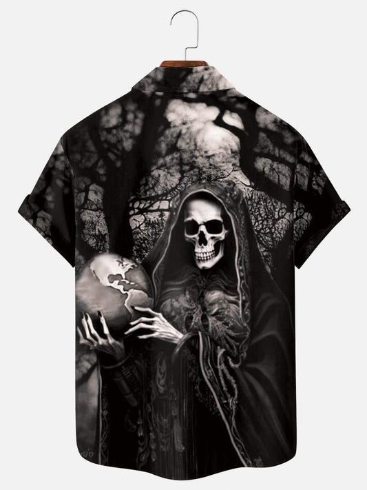 Men's Black Gauze Skull Print Hawaiian Short Sleeve Shirt