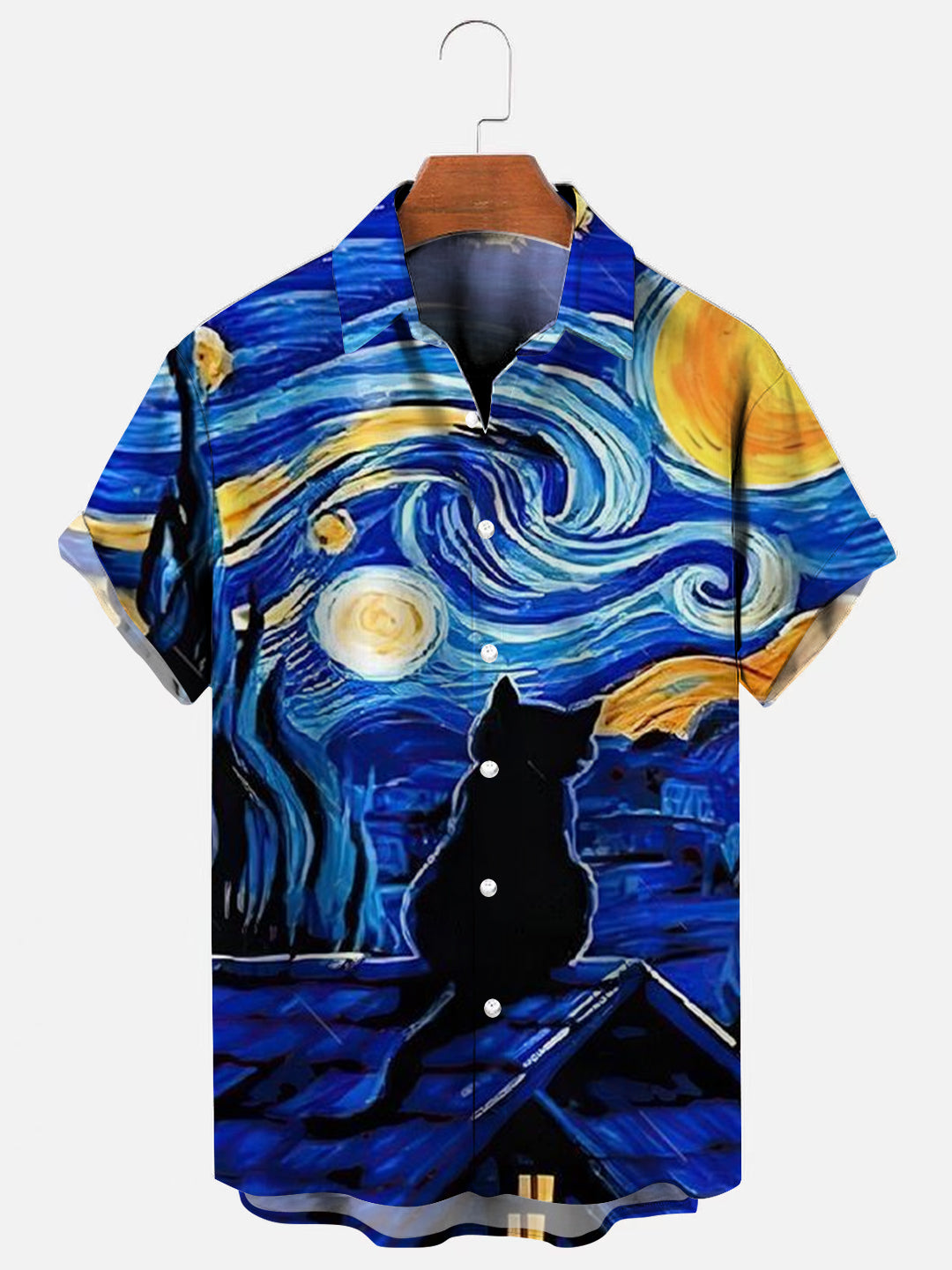 Men's Retro Starry Night Black Cat Print Hawaiian Short Sleeve Shirt