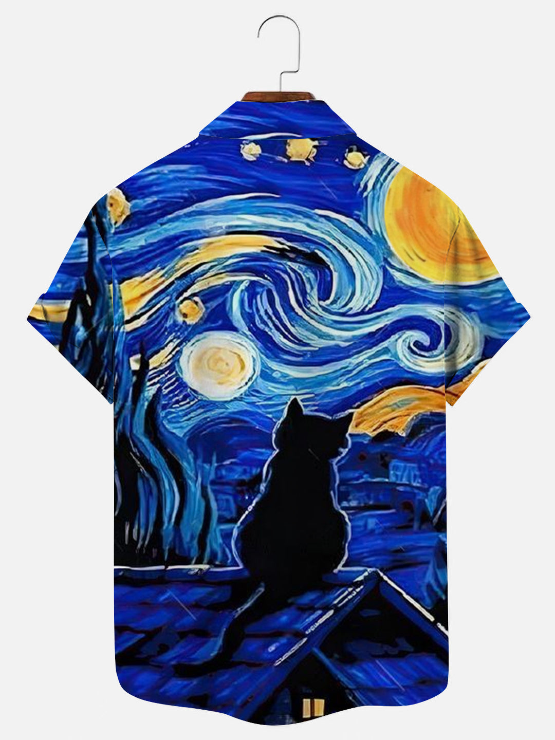 Men's Retro Starry Night Black Cat Print Hawaiian Short Sleeve Shirt