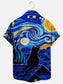 Men's Retro Starry Night Black Cat Print Hawaiian Short Sleeve Shirt