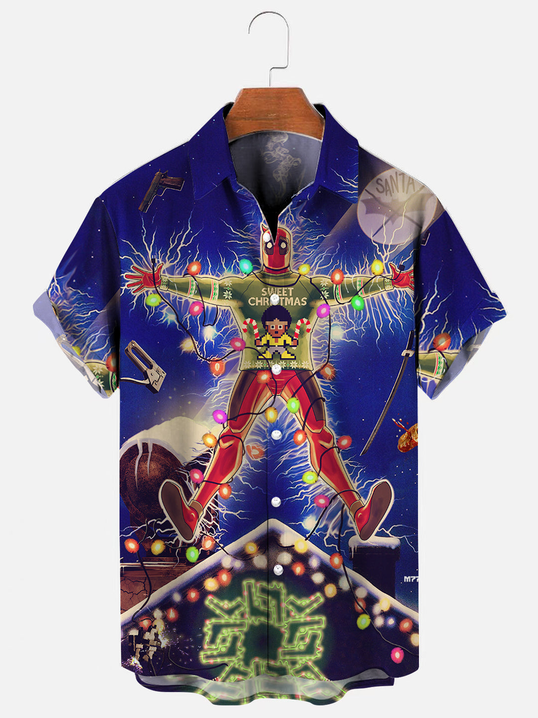 Men's Cartoon Character Christmas Holiday Print Hawaiian Short Sleeve Shirt