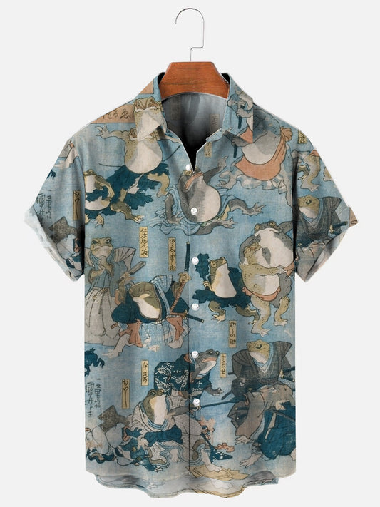 Men's Vintage Frog Ukiyoe Art Print Hawaiian Short Sleeve Shirt