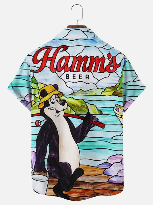 Men's Beer Bear Fishing Color Print Vintage Hawaiian Short Sleeve Shirt
