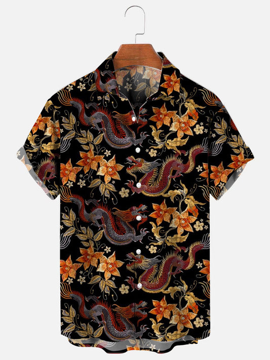 Men's Ancient Dragon Floral Print Hawaiian Short Sleeve Shirt