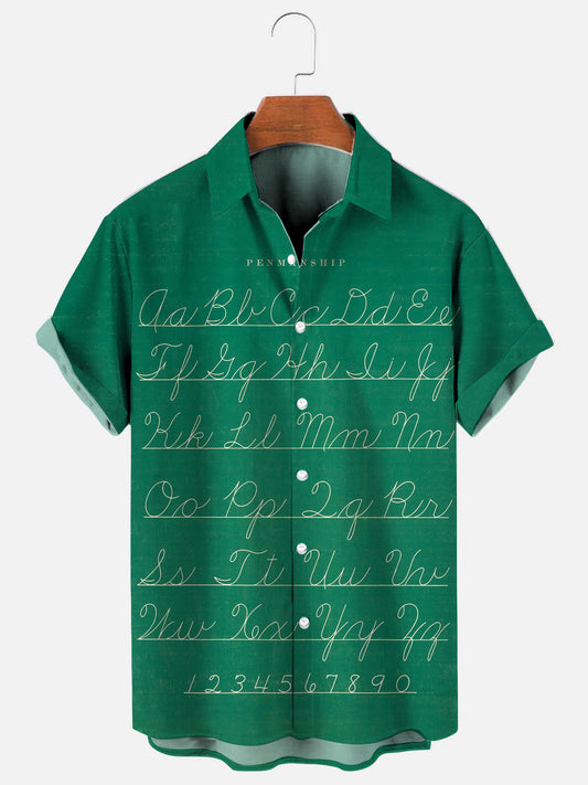 Men's Vintage School Cursive Alphabet Print Casual Short Sleeve Shirt