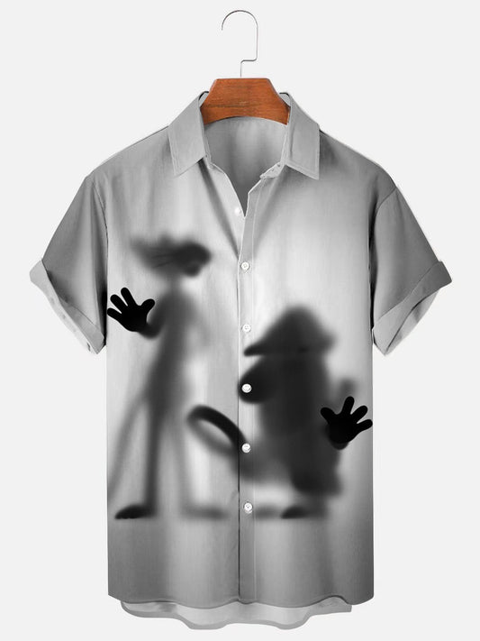 Men's Black and White Cartoon Shaded Art Print Casual Short Sleeve Shirt