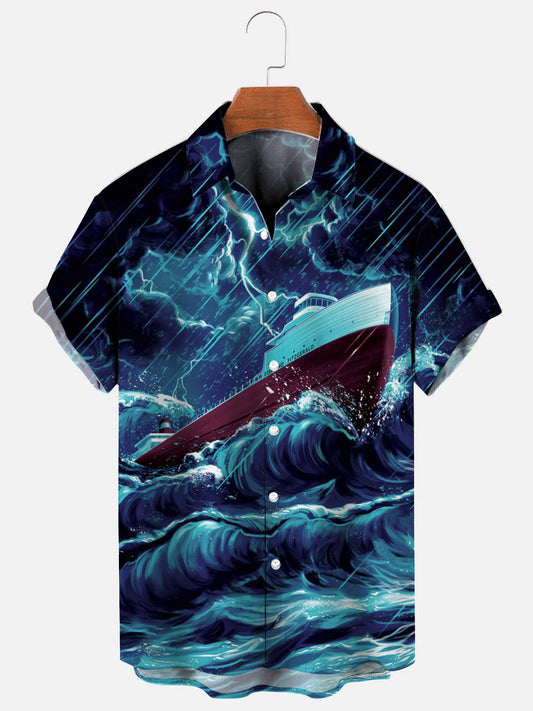 Men's Nautical Print Hawaiian Short Sleeve Shirt