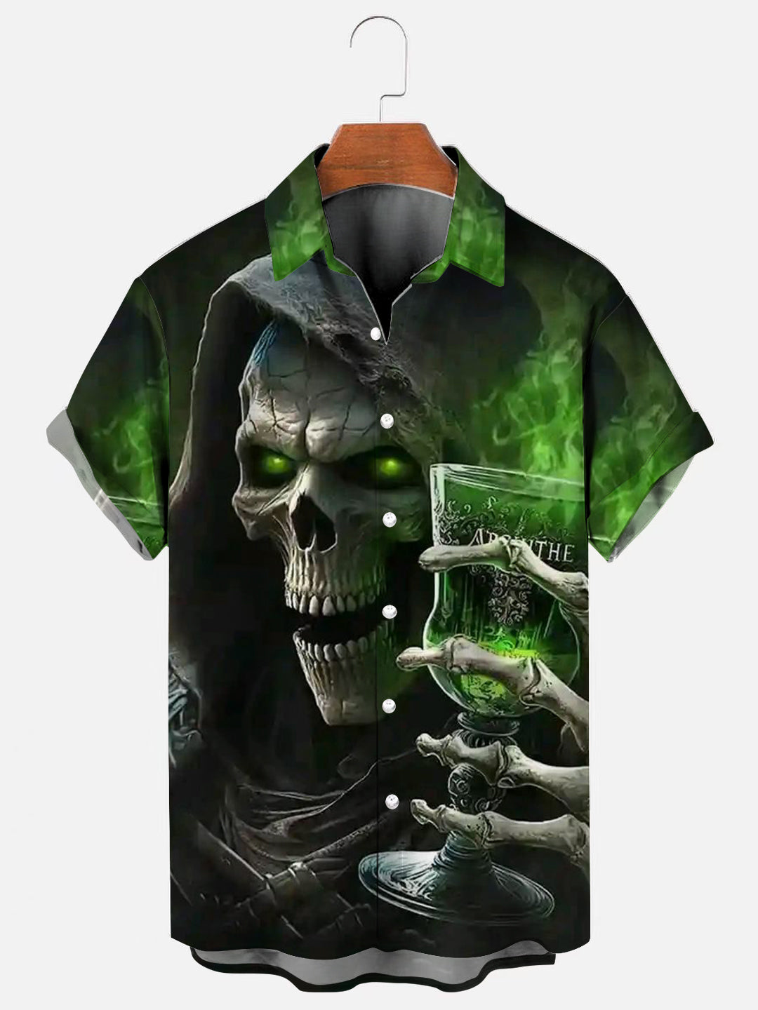 Men's skull wine glass print Hawaiian short sleeve shirt