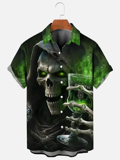 Men's skull wine glass print Hawaiian short sleeve shirt