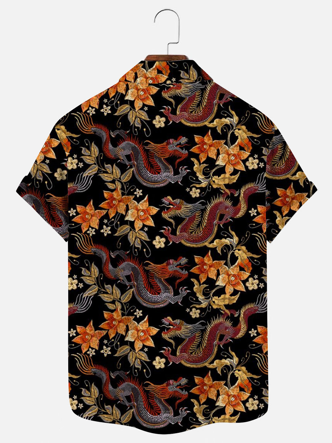 Men's Ancient Dragon Floral Print Hawaiian Short Sleeve Shirt