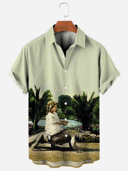 Men's Vintage Farm Girl Riding Alligator Print Hawaiian Short Sleeve Shirt