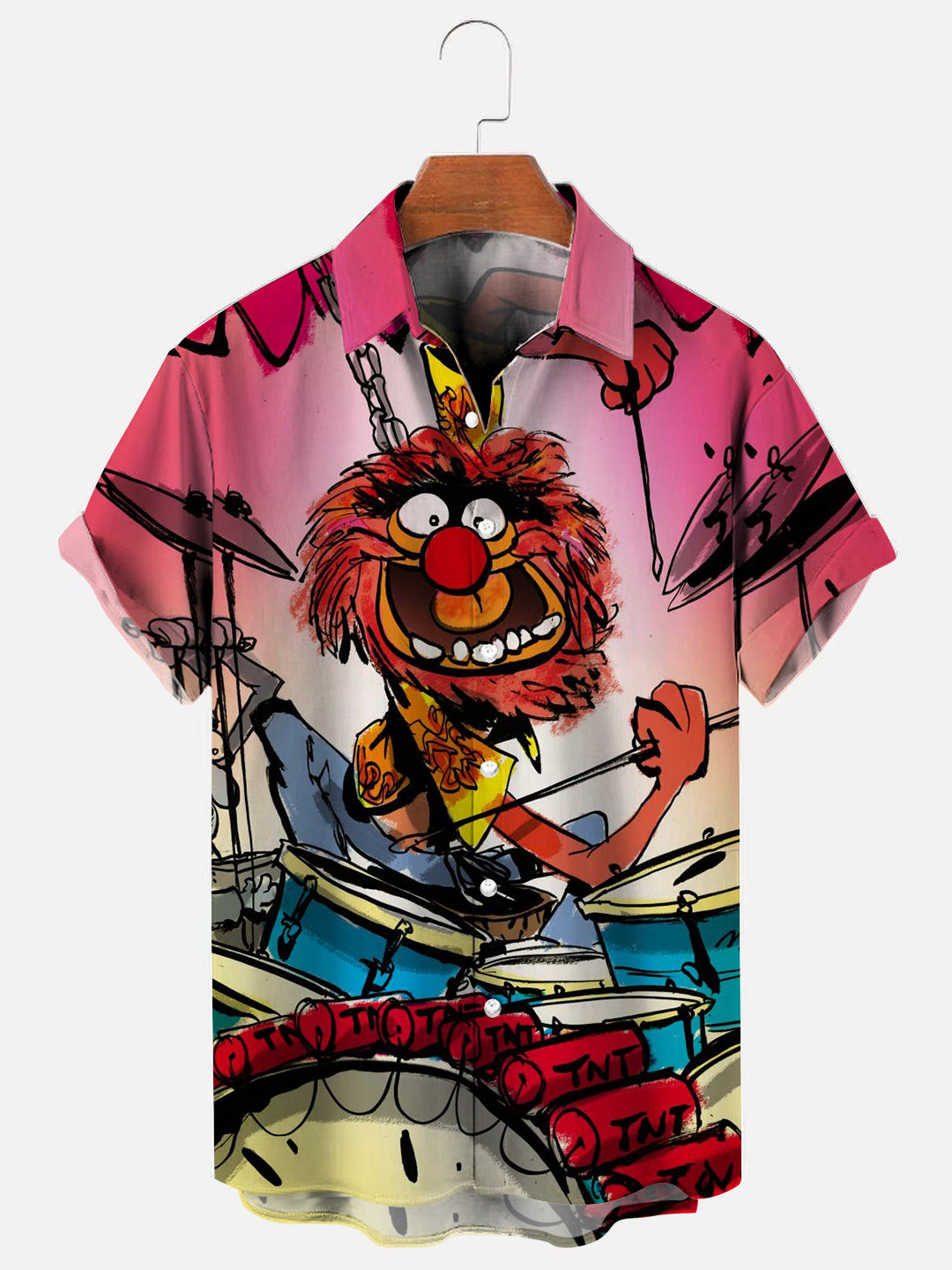 Men's Cartoon Animal Drummer Print Hawaiian Short Sleeve Shirt