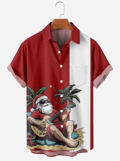 Men's Vintage Santa Guitar Palm Tree Print Bowling Short Sleeve Shirt